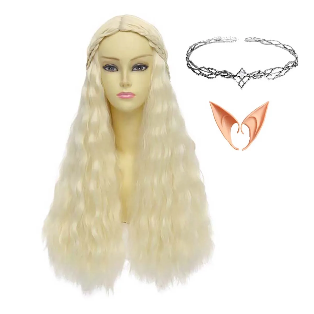 Women Elf Princess Galadriel Cosplay Wig With Fairy Ear Long Wavy Light Blonde Heat Resistant Synthetic Hair Adjustable Wig Cap