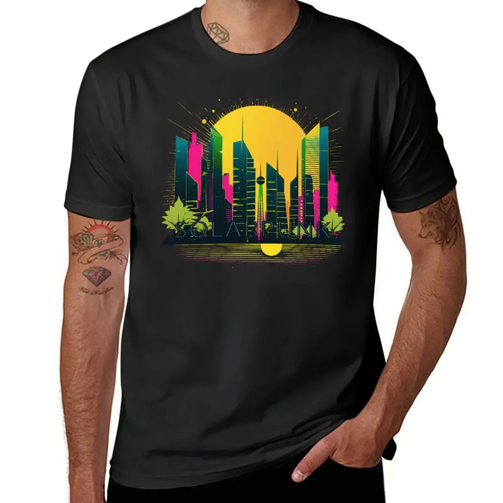 Solarpunk Horizon: Edgy Pop Art Cityscape in Minimalist Futurism T-Shirt shirts graphic tee heavyweights mens clothing