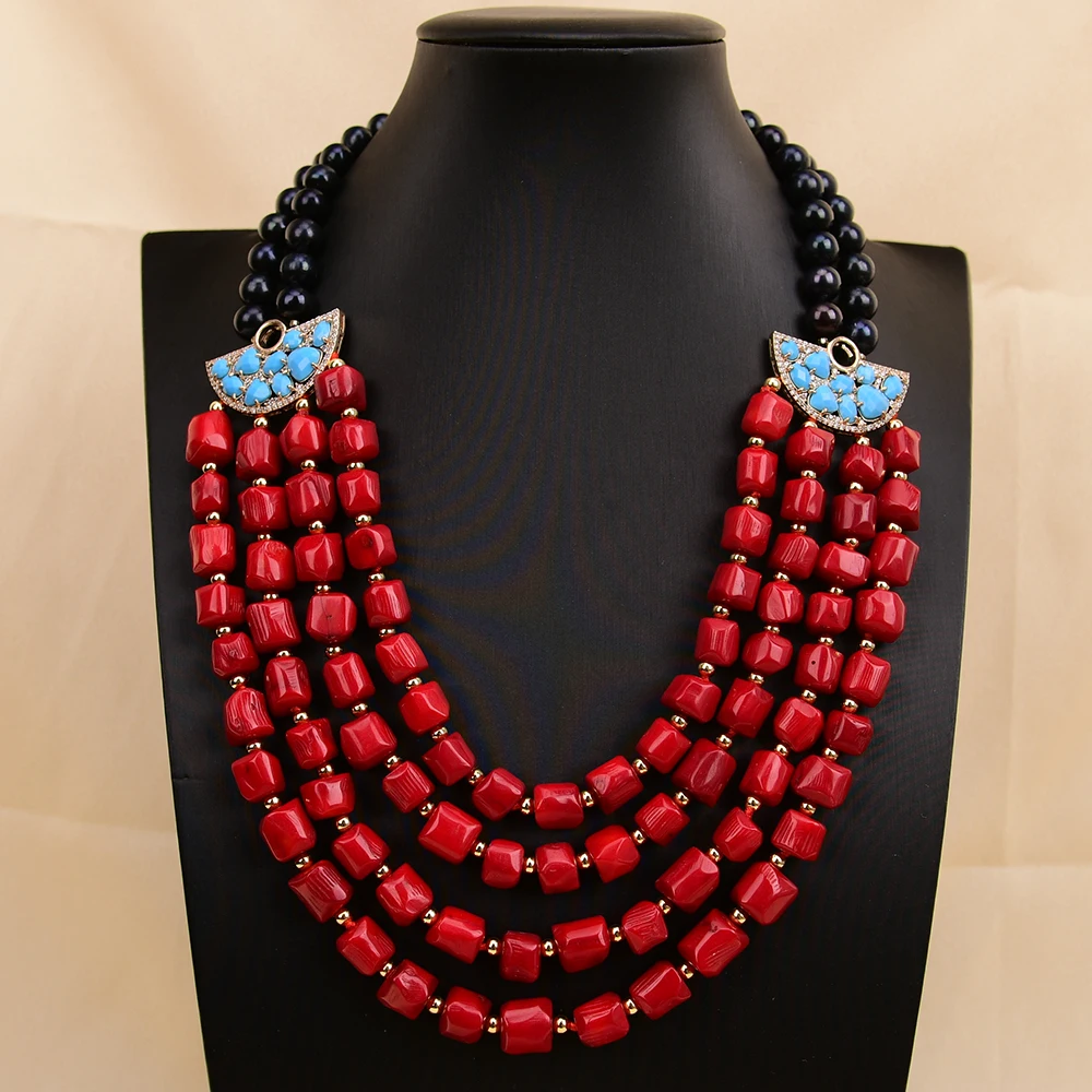 GG 4 Rows Natural Black Round Pearl Natural Red Coral Blue Turquoise CZ Connector Necklace Handmade For Lady