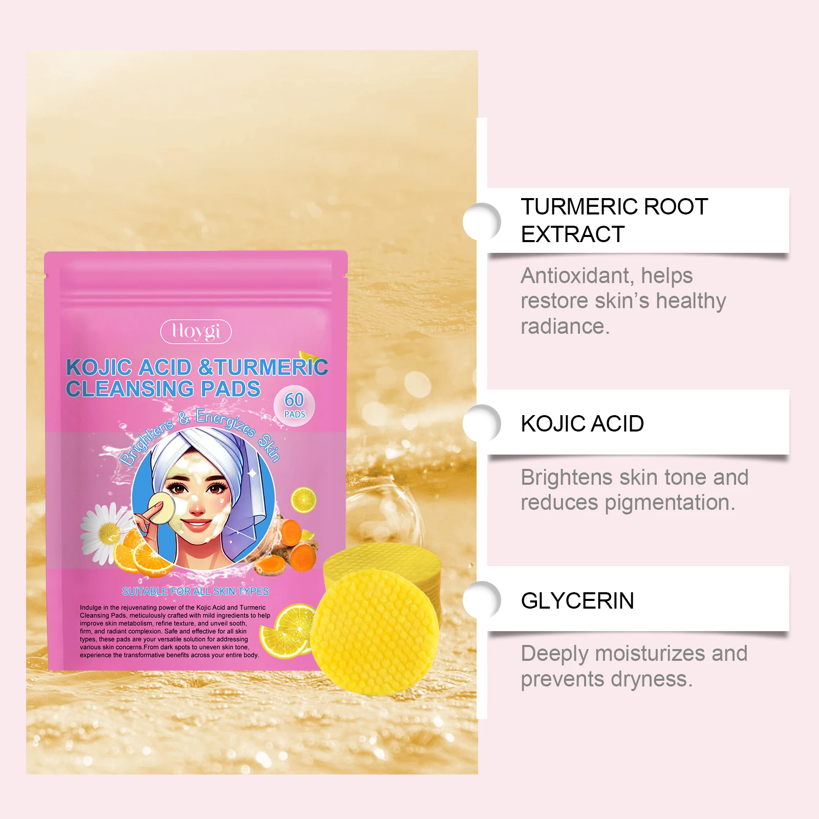 Turmeric Facial Cleanser Pads Pores Deeply Cleaning Makeup Remover Moisturizing Exfoliating Dead Skin Kojic Acid Facial Sponges