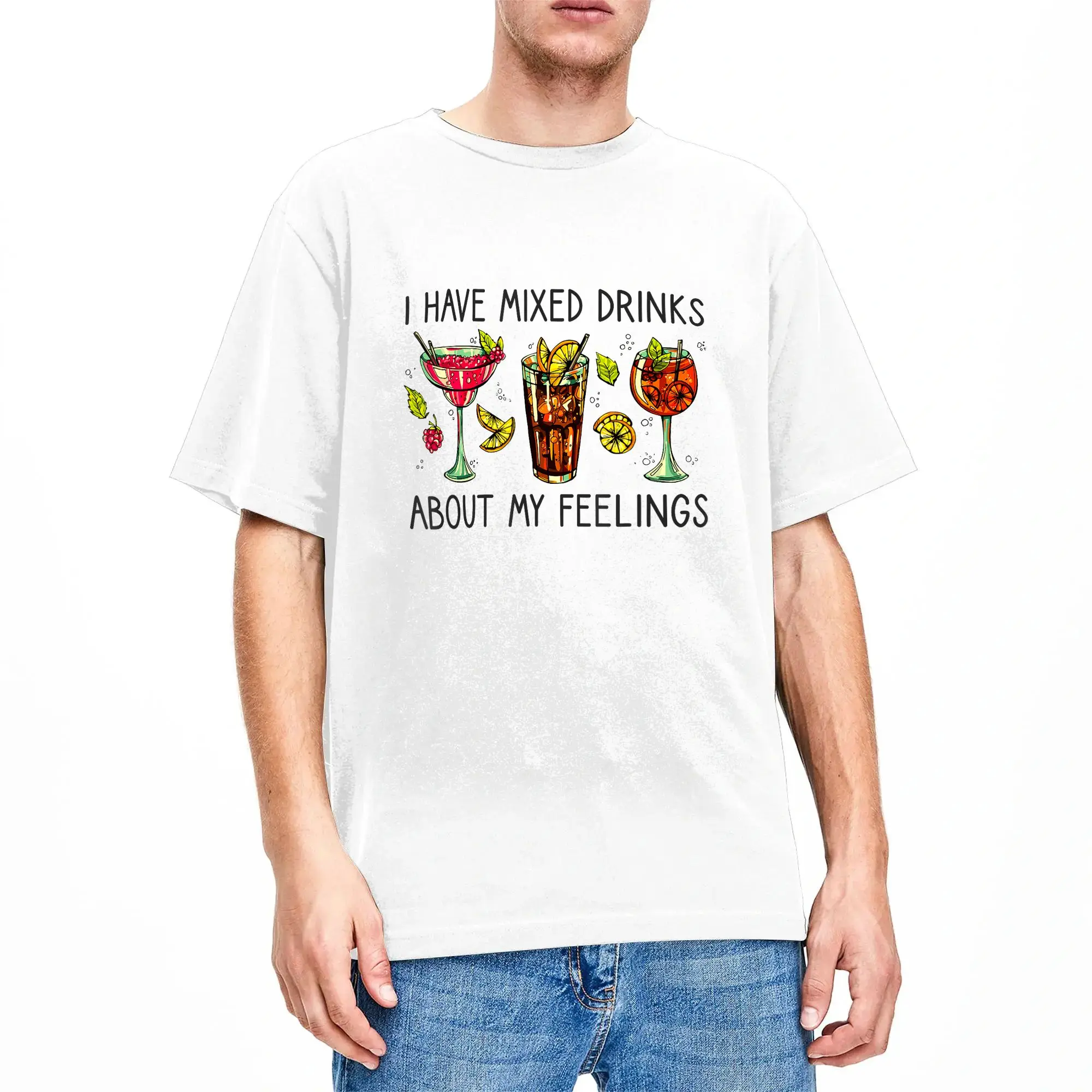 I Have Mixed Drinks About My Feelings Funny Drinking T Shirt Summer  Harajuku T Shirts Male Cotton O-Neck Plus Size 5XL Clothes