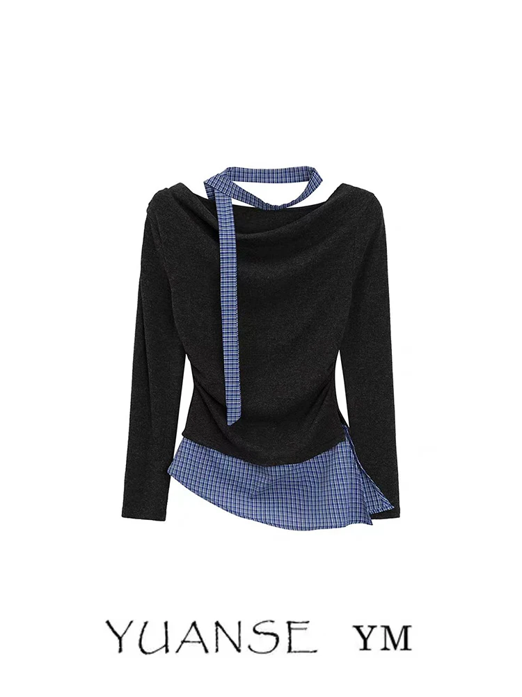 Black Asymmetrical Hem T-Shirt Women's Spring Autumn New Style Plaid Splice Top with Sash Atmosphere Elegant Long Sleeve Tee