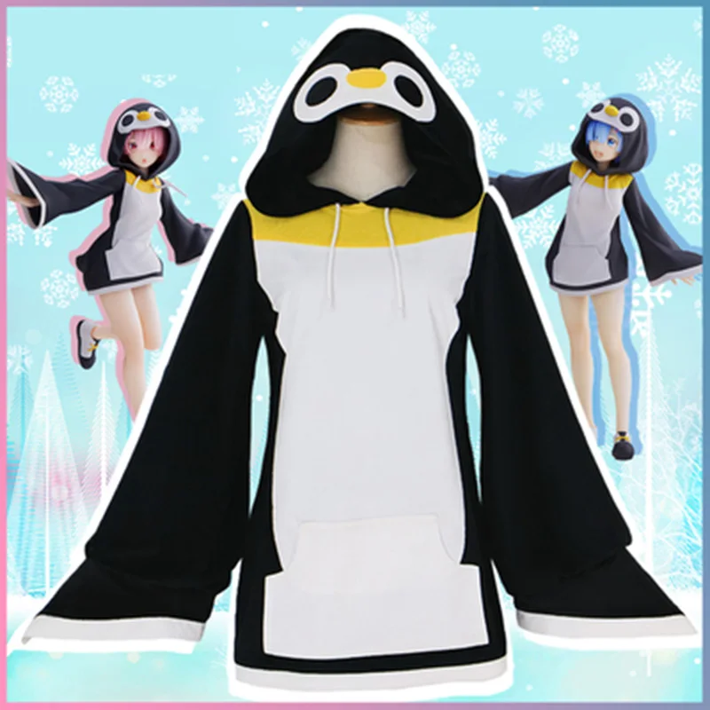 

COSLEE Anime Re:Life In A Different World From Zero Rem Ram Penguin Suit Hoodie Uniform Dress Cosplay Costume Halloween Party Ou