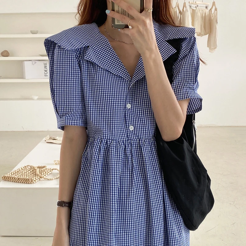 Chic rétro Plaid taille-colletée genou longueur ort-Sve irt Dr femmes Faionable col rabattu fermeture à bouton t-shirt