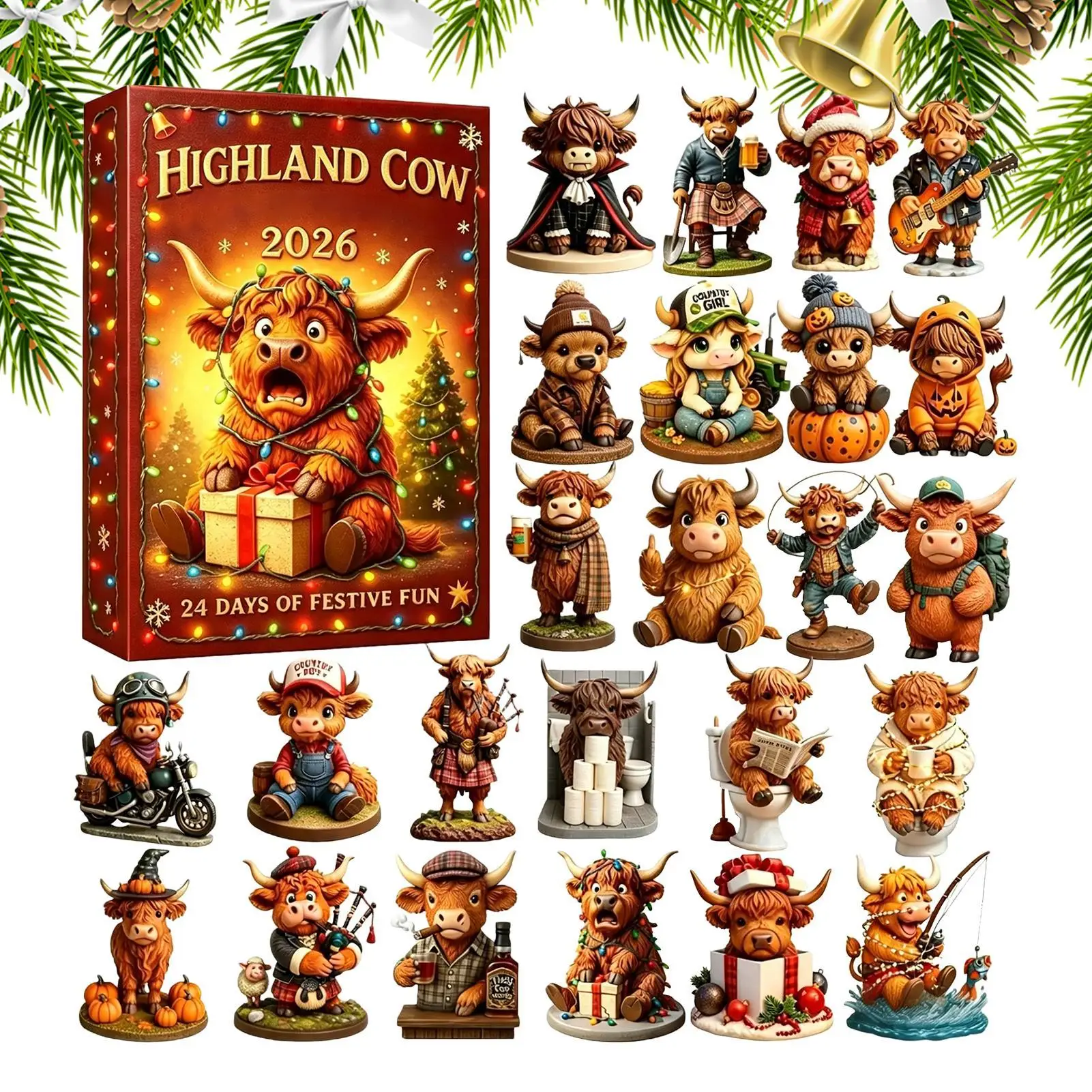 Weihnachts-Kalender mit Kuh-Motiv, 24 Tage, 2D-Acryl, lustig, niedlich, Kuh-Heimdekoration, Weihnachtskalender, Adventskalender für Sohn, Tochter, Familie, Freunde, Schreibtisch