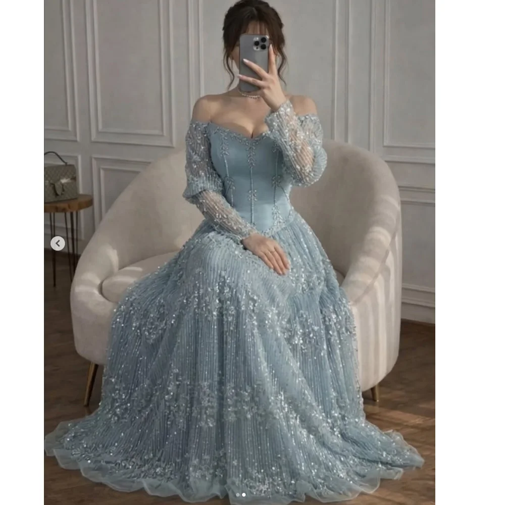 Off-The-Shoulder A-Line Prom Dresses Lace Elegant Party Dresses Customized Floor-Length Long Sleeves Evening Dress
