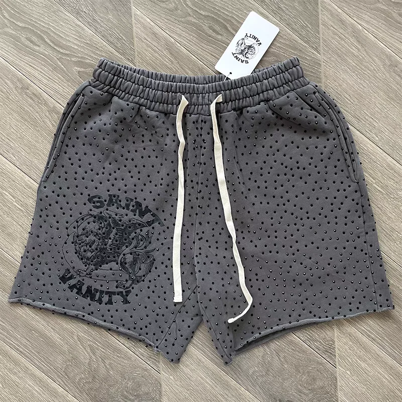 

Washed SAINT VANITY Shorts Men Women Best Quality Casual Diamond Studded Casual Jogger Drawstring Breeches