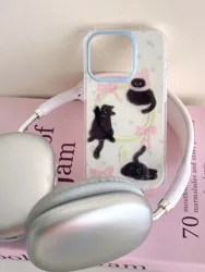 Süße schwarze Katze, rosa Schleife, blaue Blume Magnet karten halter Handy hülle für iPhone 13 14 15 Pro Max 13pro 16promax 14pro 15pro 12