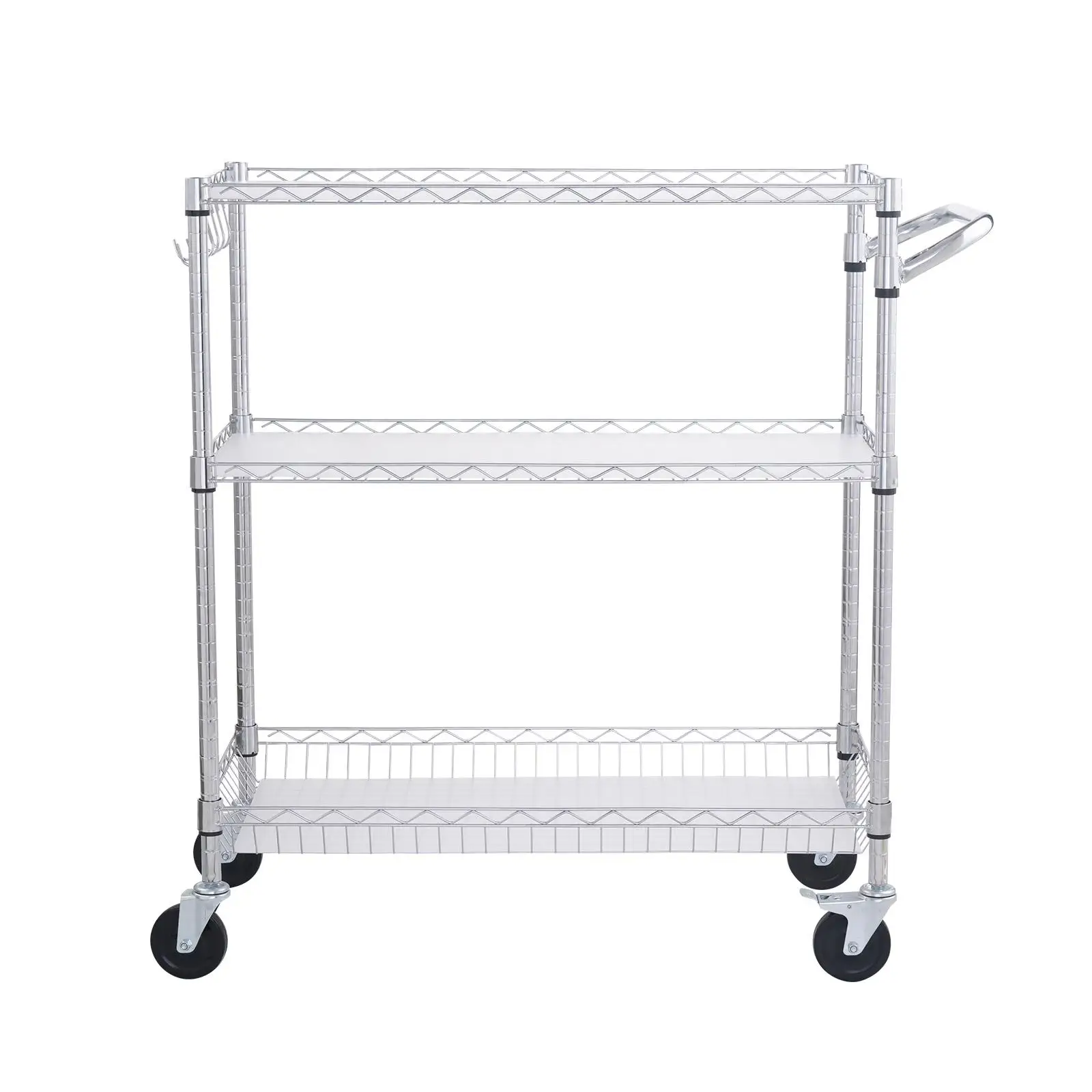 3 Tier Kitchen Utility Cart with Wheels 661LBS Capacity Steel Rolling Storage Trolley 80mm Wire Baskets Curved Handle PP Liner 6 Hooks for indoor Outdoor Use