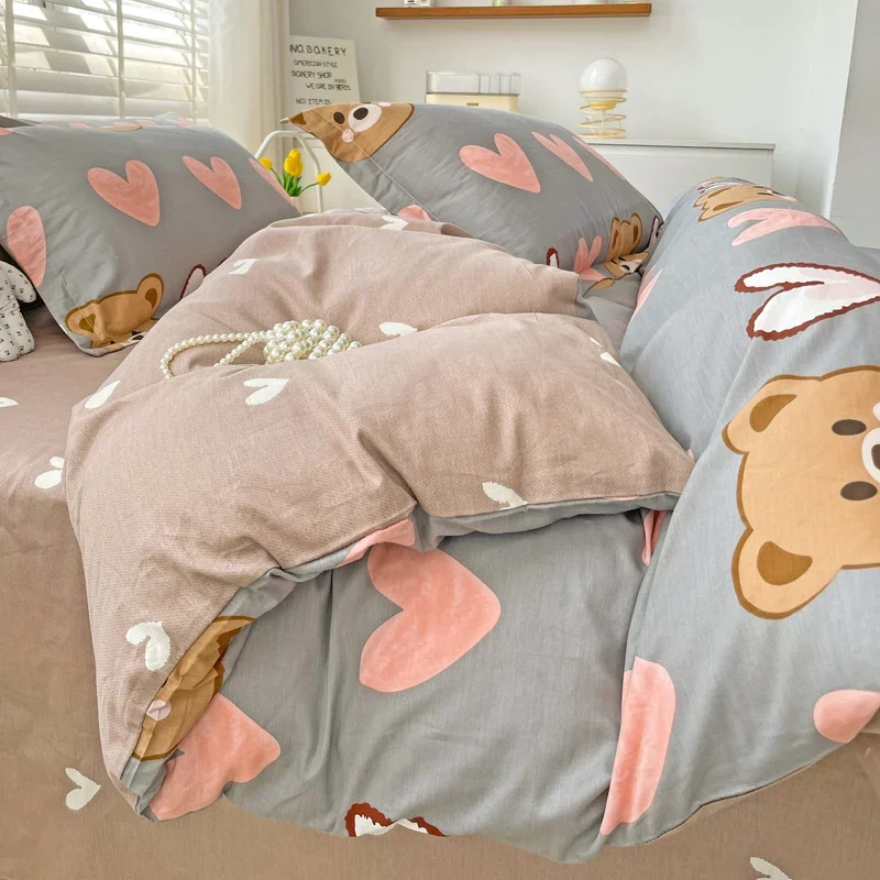 Cartoon Bear Pattern Duvet Cover Set Kids Girls Kawaii Bedroom Cotton Soft Breathable Bedding 1 Duvet Cover with 2 Pillowcases