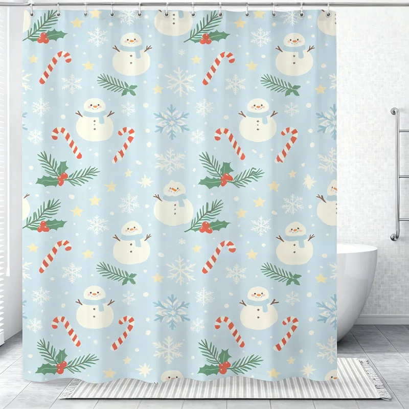 180x180cm Polyester Christmas Shower Curtain,Durable,Easy to install,Snowmen candy canes,leaves red berries snowflakes Print