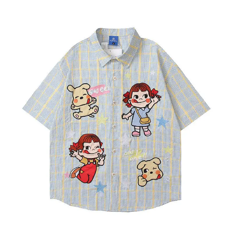 

Summer Large Size 2026 Plaid Cartoon Embroidery Short Sleeve Men's Loose Casual Style Shirt Breathable Polyester Fabric Butto...