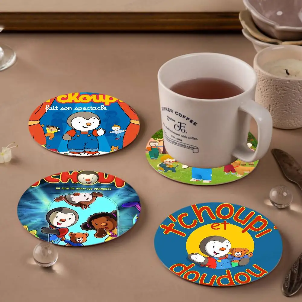 Cartoon Tchoupi Penguin pattern art painted wooden anti-slip coasters, suitable for decoration of living room kitchenware