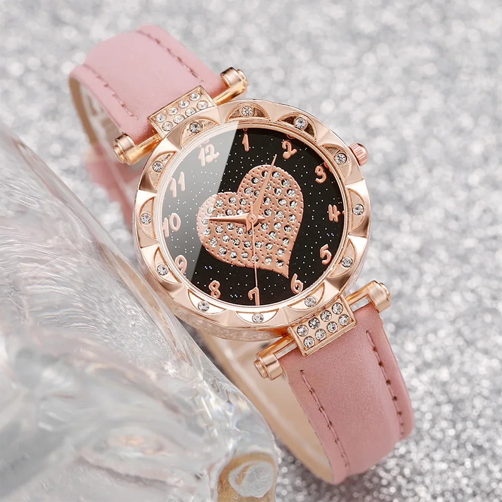 10 opzioni multicolori Orologi da donna Orologio da polso al quarzo con quadrante a cuore con strass alla moda Orologi da polso con cinturino in pelle femminile
