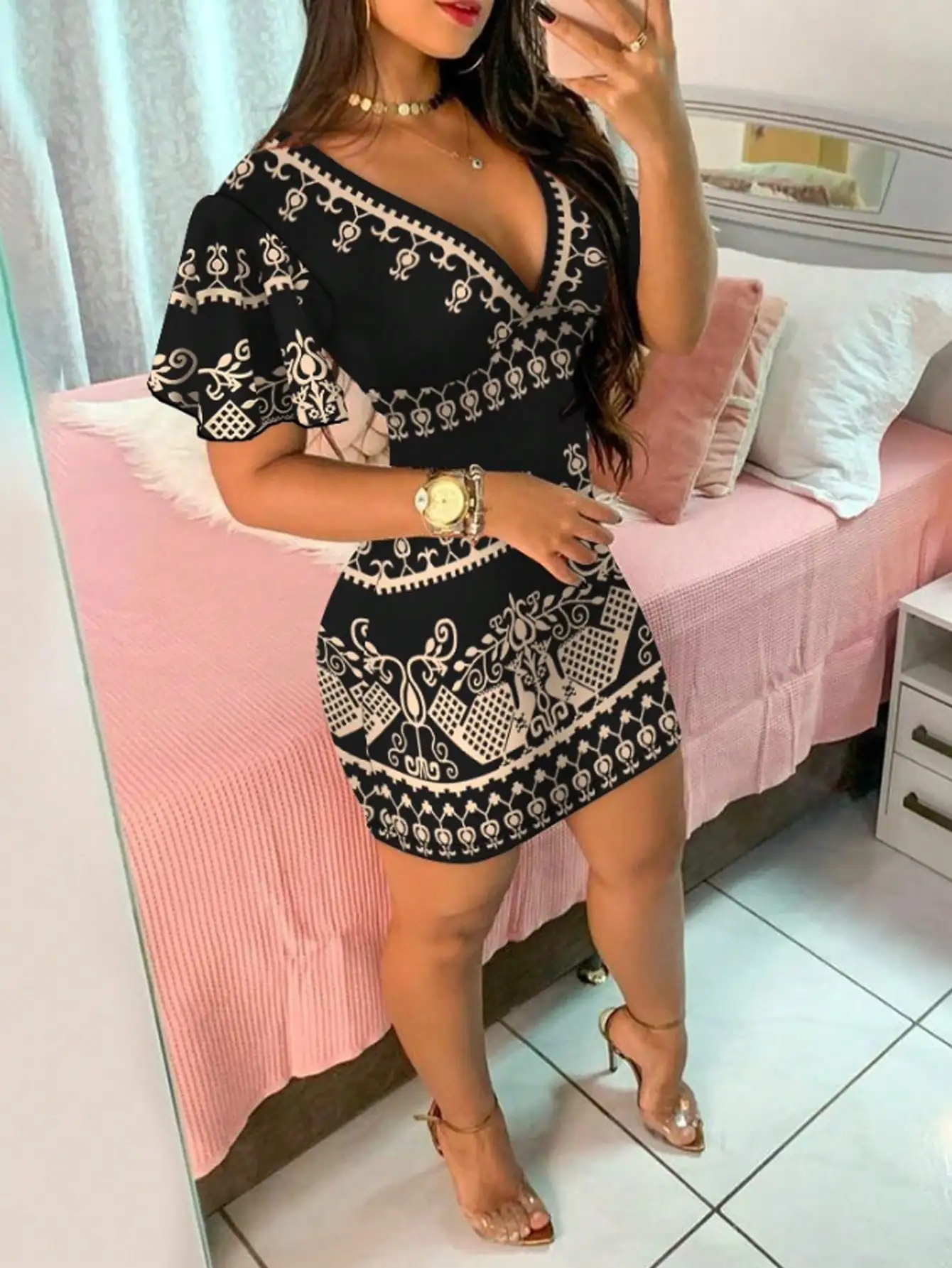 

Women's Black and Beige Retro Print V-Neck Mini Dress with Flared Sleeves for Casual or Party Wear