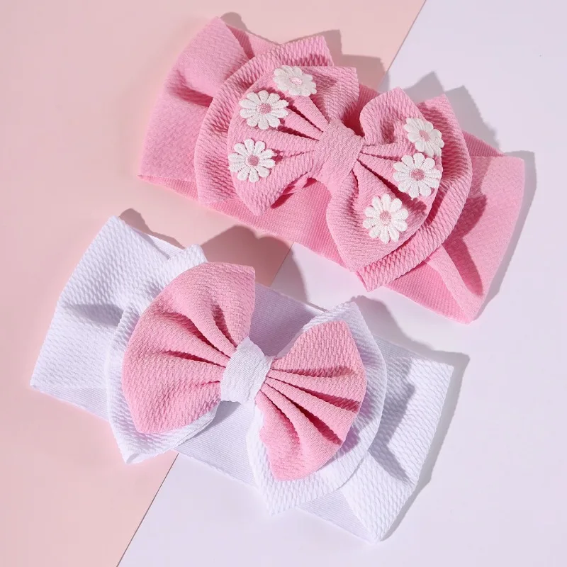 

2pcs Double Bow Little Girl Hairband Daisy Flower Large Bow Headband for Children Newborn Hair Flower Turban Kids Headwear