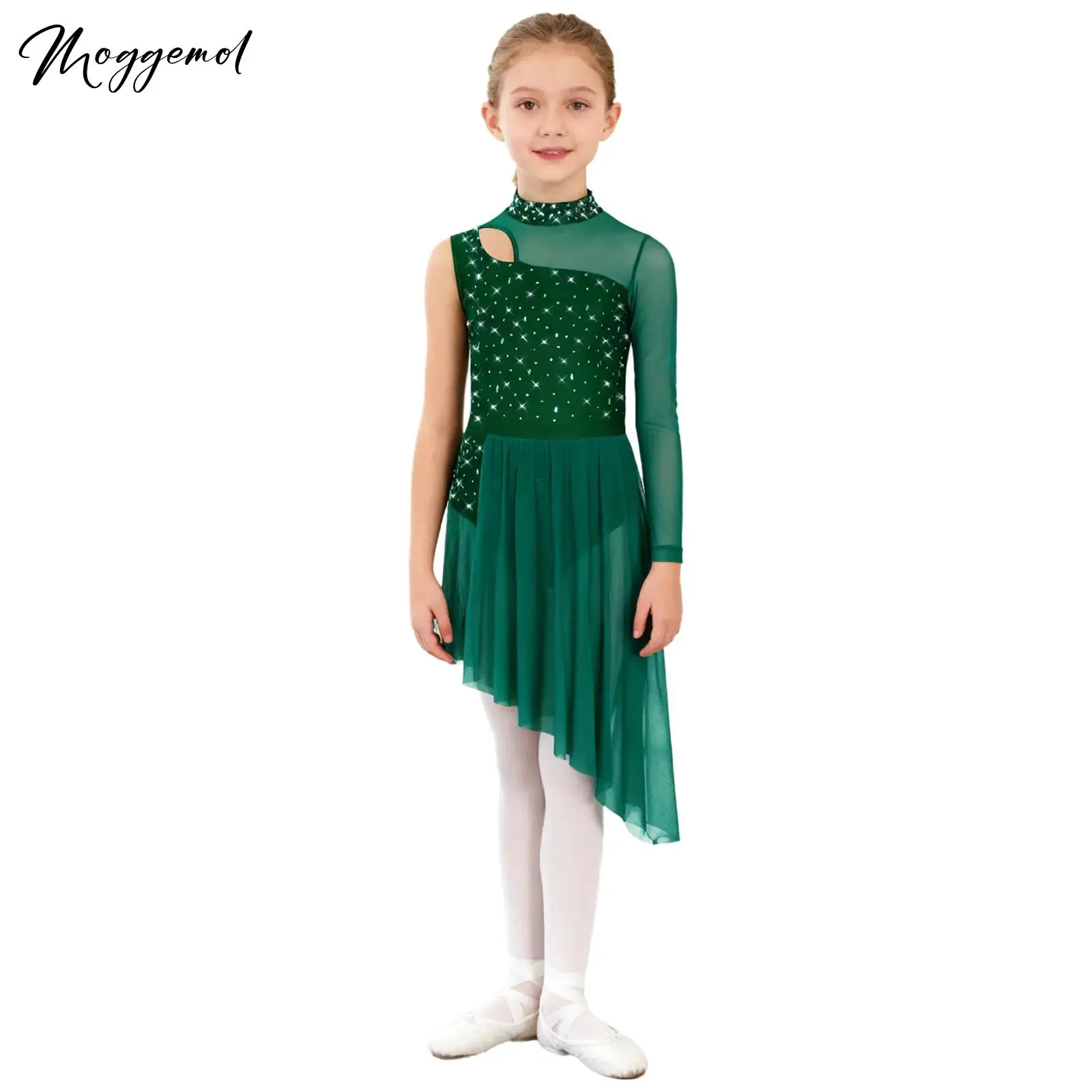 Meisjes Wals Ballroom Lyrisch Ballet Danskostuum Mock Neck Uitsparing Sheer Mesh Glanzende Steentjes Zijsplit Jurk Danskleding