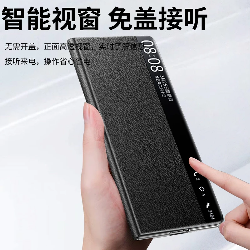 Funda de lujo con textura de lichi para Huawei Mate X3, soporte de ventana inteligente de cuero Premium, plegable, a prueba de golpes, carcasa trasera dura, accesorios