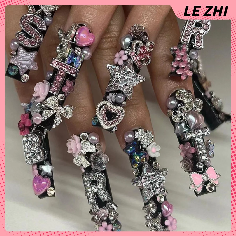 Autocollants 3D pour Ongles Faits à la Main, Accessoire de Luxe Entièrement Percé, Diamant, Fausse ix, Fouet Avancé, Paillettes, Strass