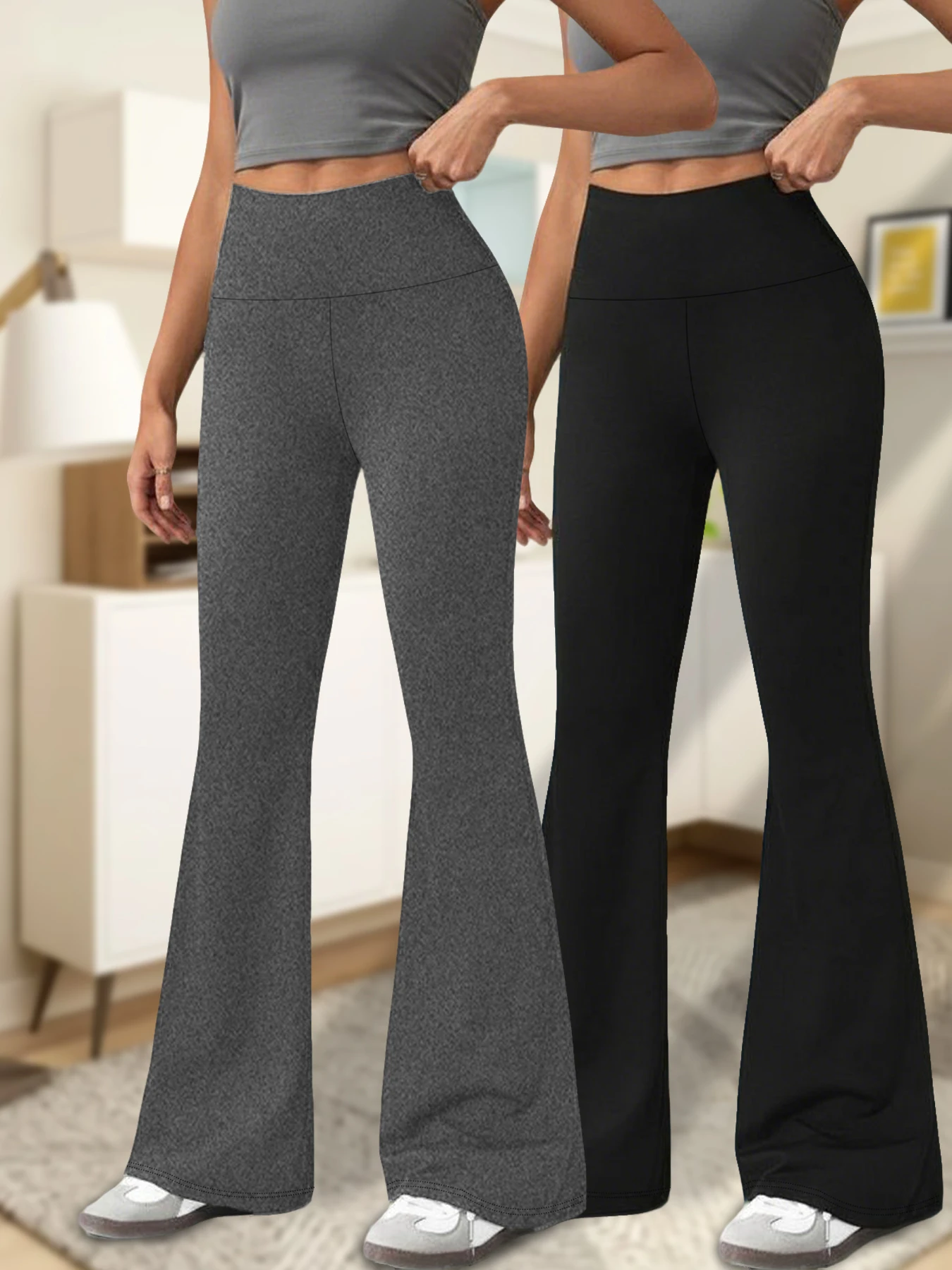 Lot de 2 pantalons évasés Super doux pour femmes, taille haute, contrôle du ventre, jambières de Yoga, bas de cloche