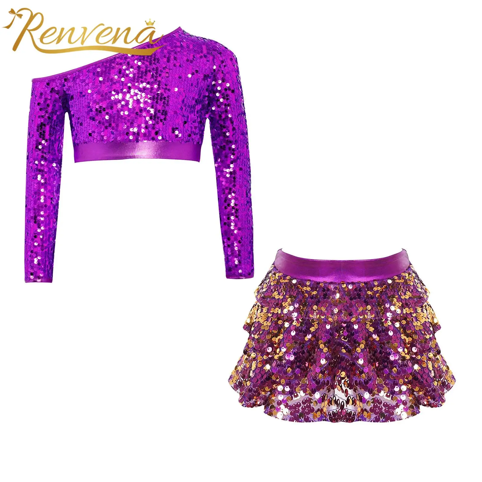 Kids Girls Sequins Jazz Dance Performance Costume One Shoulder 70s Disco Outfit Children Clothing Crop Top with Culottes Sets