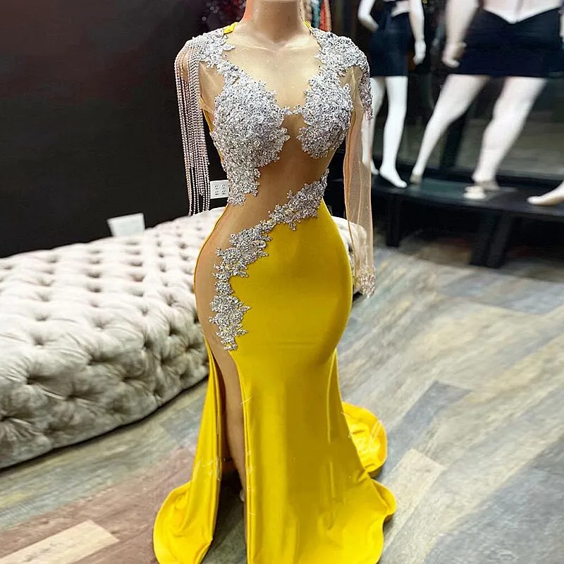 

Yellow one-shoulder evening dress Mermaid prom dress sexy applique sequined banquet performance host dress customization