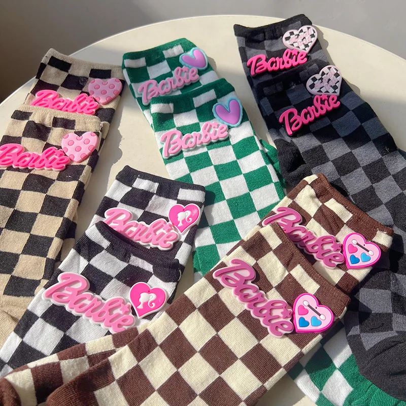 New Kawaii Cute Barbie Socks Cotton Socks Stereoscopic Letter Socks Retro Checkerboard Soft Sports Socks Fashion Gifts for Girls