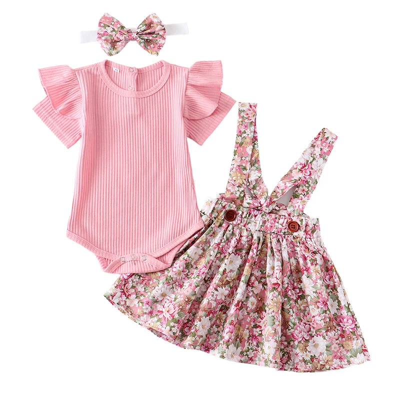 Summer Newborn Baby Girl Clothes Set Short Sleeve Romper Floral Dress Overalls Headband 3Pcs Toddler Infant Clothing Cute Outfit