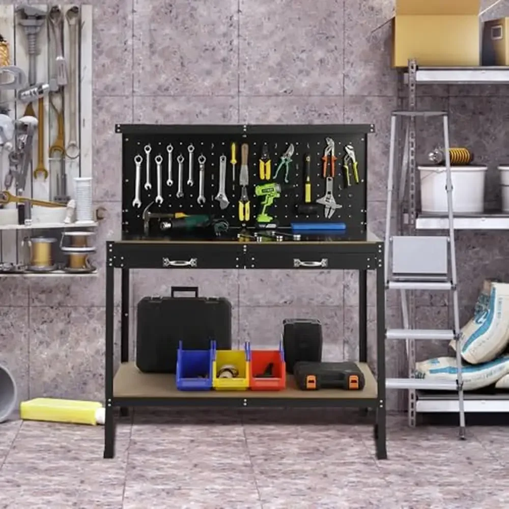 Heavy-Duty Steel Workbench with Two Drawers and Bottom Shelf