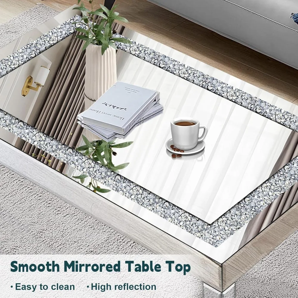 Gleaming Silver Coffee Table with Crystal Accents, Rectangular Glass Top with Mirrored Edges, Contemporary Living Room Centerpie