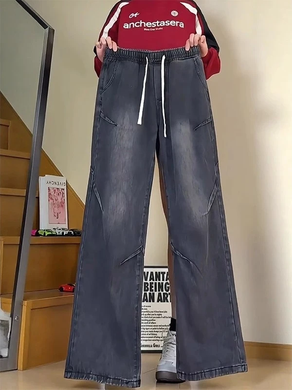 

Мужские джинсы свободного кроя с эластичным поясом и плиссировкой, в американском ретро-стиле, рабочие, повседневные, прямые, длинные брюки для осени и зимы