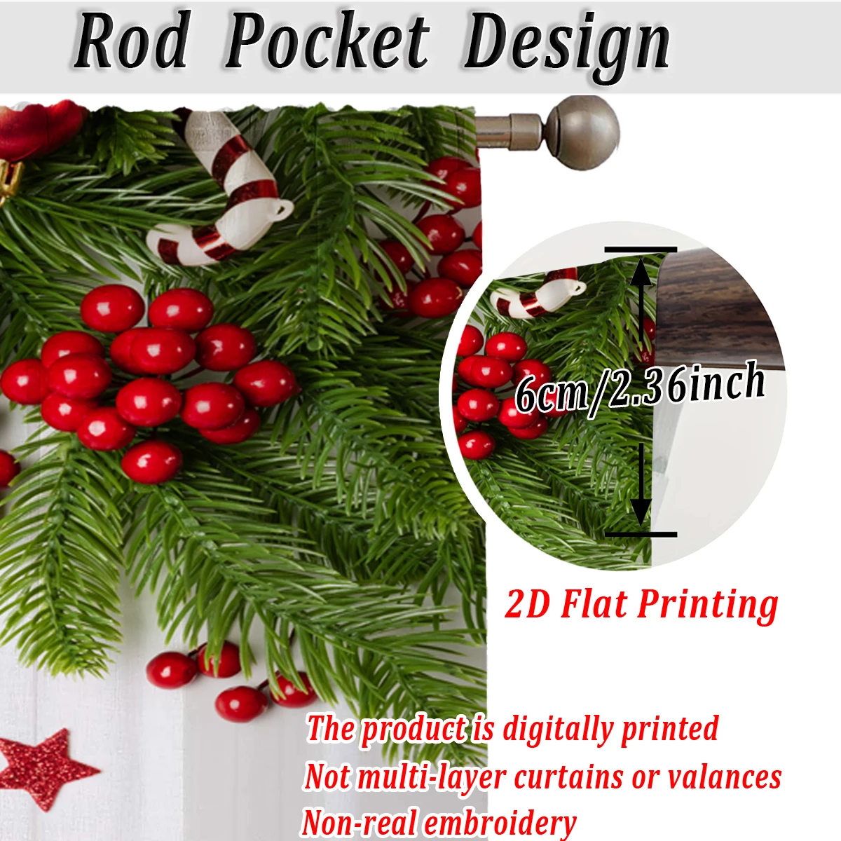 ستارة شفافة للمطبخ بطباعة مسطحة لعيد الميلاد مع فرع صنوبر بيري عيد الميلاد المجيد لحفلات ديكور المنزل في عيد الميلاد #4