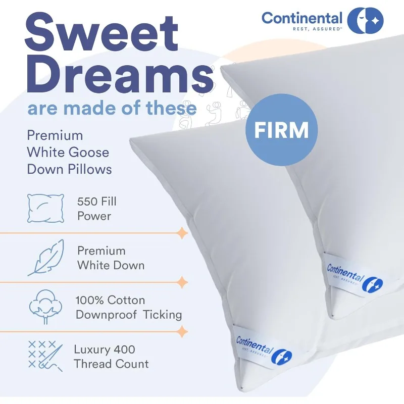 Continental Bedding Luxury Down Pillows Queen Size Set of 2 - Family Made in New York - Breathable Bed Pillows