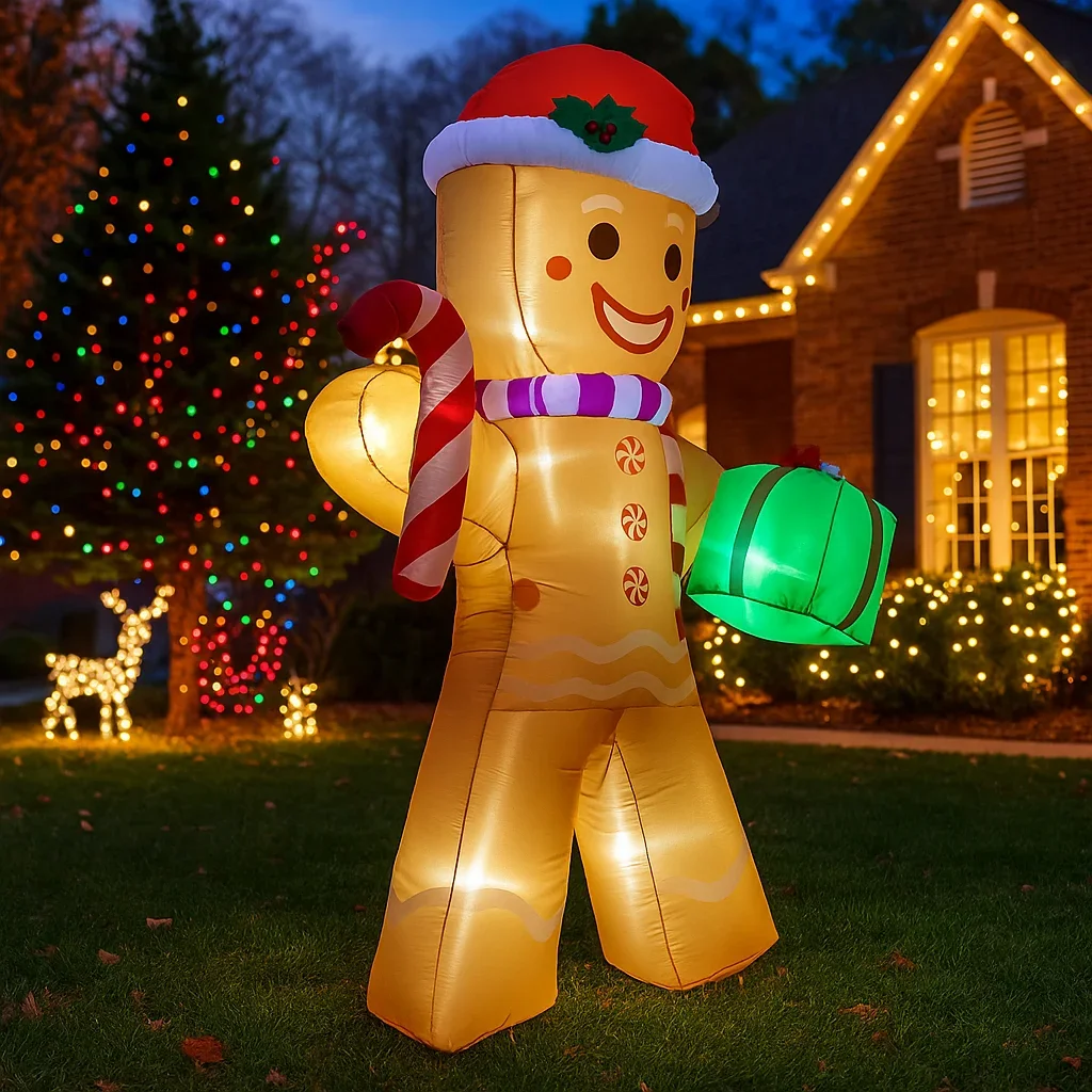 ของตกแต่งคริสต์มาสขนาด 7.8 ฟุต ตุ๊กตาคนขนมปังขิงเป่าลมรูปแท่งลูกกวาด ของประดับตกแต่งบ้านและสวน พร้อมไฟ LED ของตกแต่งคริสต์มาส