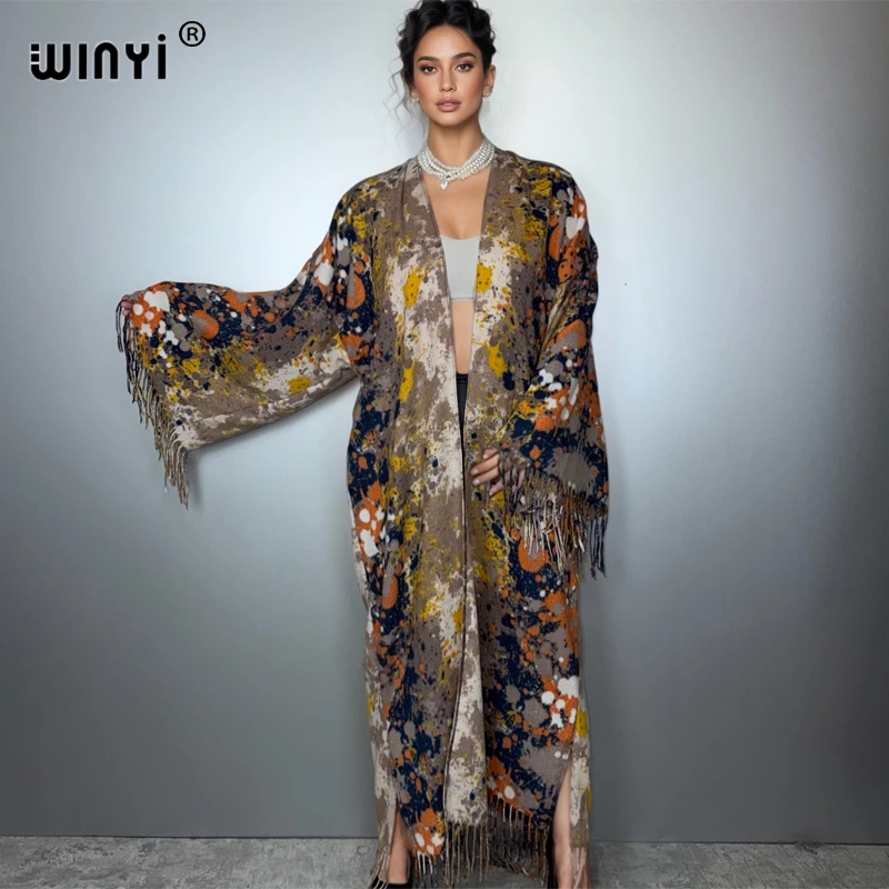 

WINYI print tassel winter long cardigan African women winter kimono OverCoat abaya muslim dubai luxury Open Front evening dress