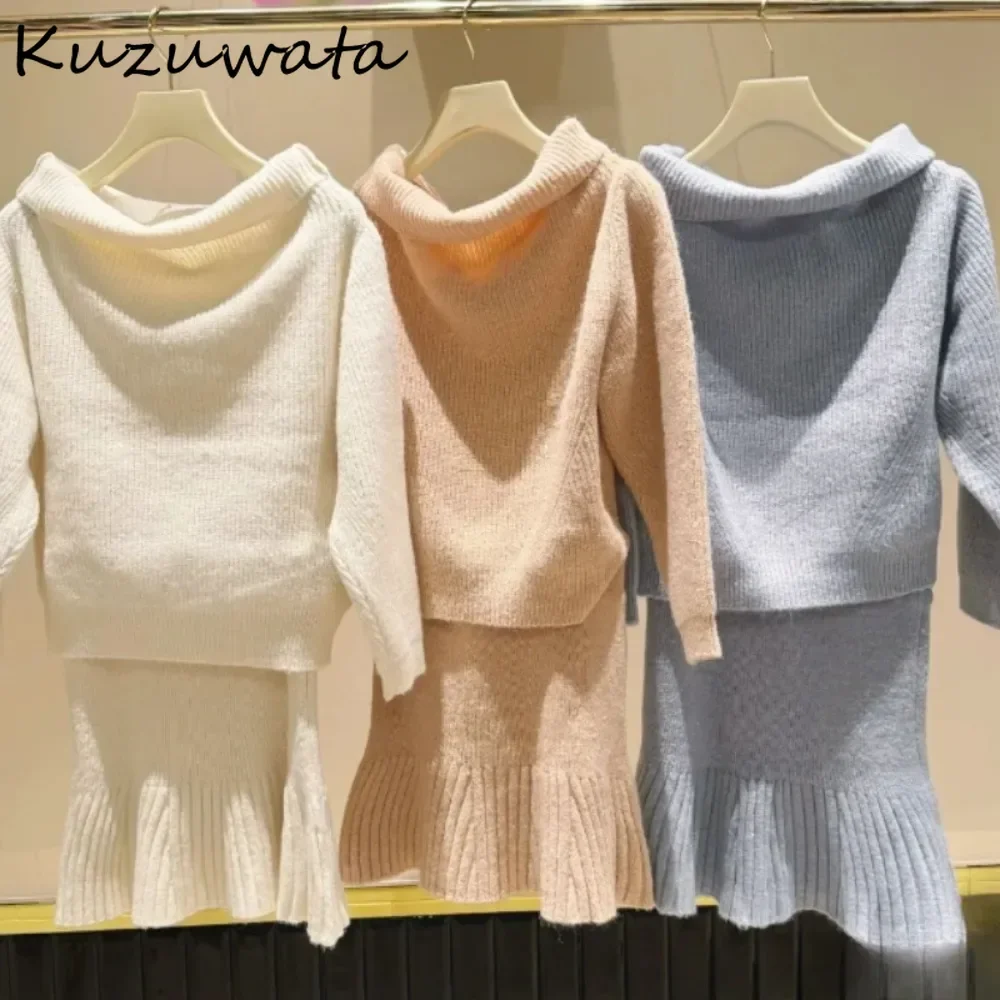 Kuzuwata Literary Slash Neck Lantern Knit Set Jumper High Waist Bodycon Mermaid Falda Japan Vintage Sweet Suit Spice Girls Skirt