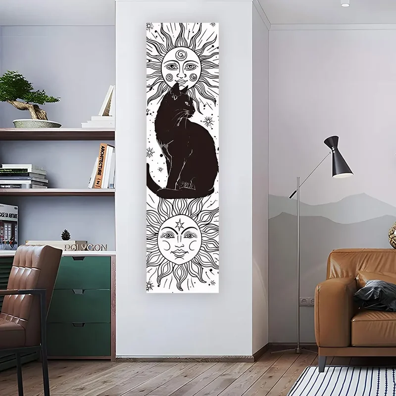 VIKAMA Vertical Black White Cat Moon Tapestry Portrait Tall Gothic Crescent Starry Witchy Wall Hanging Scroll Bedroom Decor