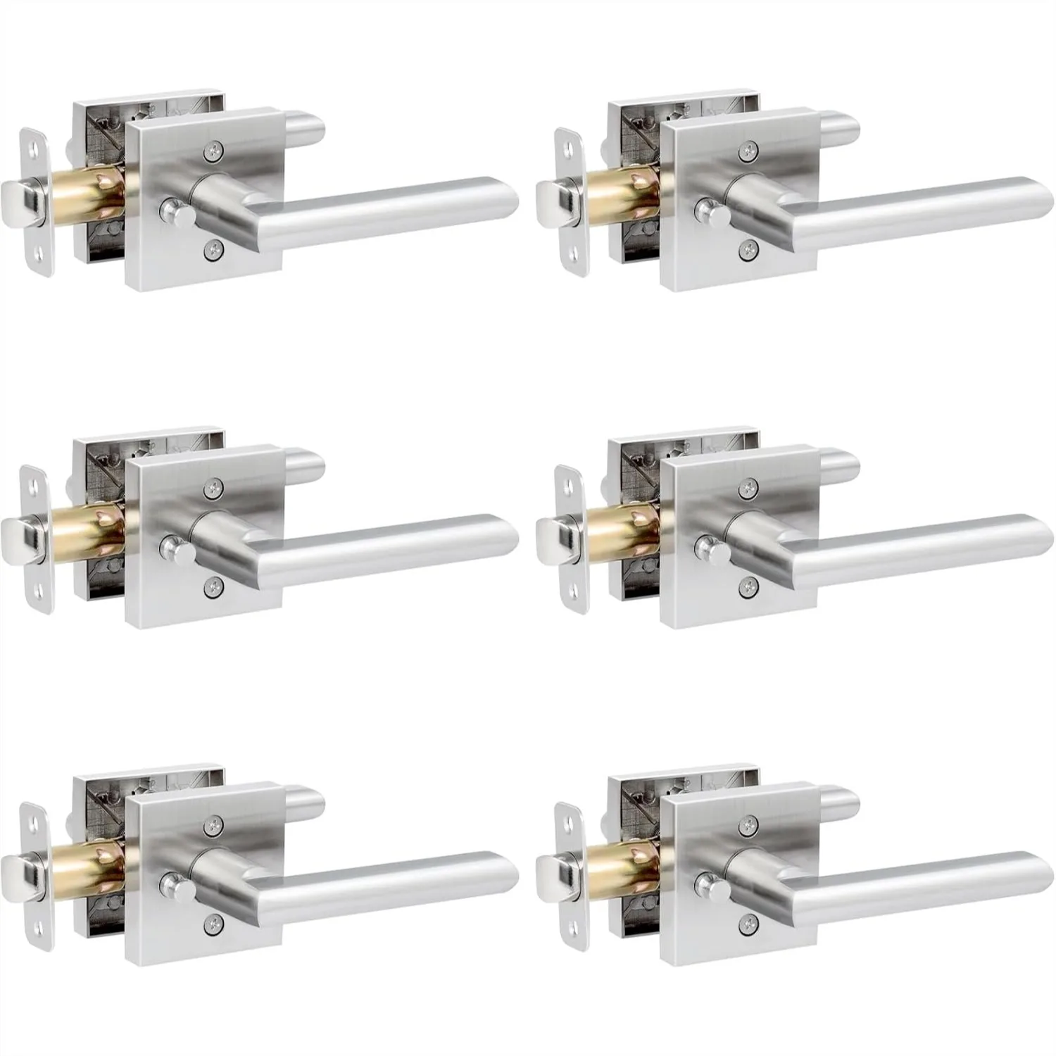

6 Pack Privacy Door Handles Interior for Bedroom and Bathroom, Satin Nickel Door Levers with Lock, Keyless Reversible Square