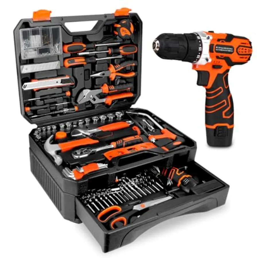 

255-Piece Tool Set - Tool Kit with 12V Cordless Drill Driver, Toolbox Storage Case with Drawer, General Household Drill Set for