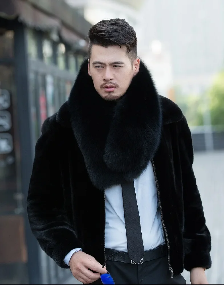 Men's Real Fox Fur Scarf Collar Neckerchief Winter Warm Muffler Wraps Black