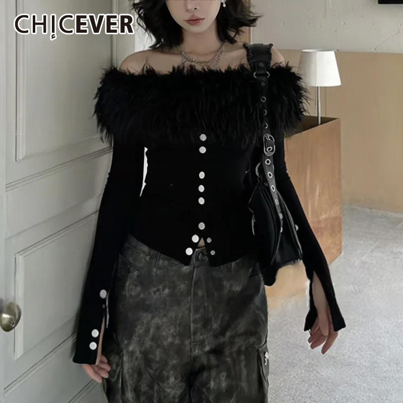 

CHICEVER Solid Spliced Button Pullover Round Neck Long Sleeve Patchwork Feather Temperament Knitting Sweater Female Clothing New