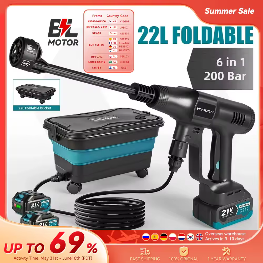 YOFIDRA 200Bar Brushless High Pressure Car Washer Gun With Bucket  Electric Garden Washing Spray Gun For Makita 21V Battery Pin