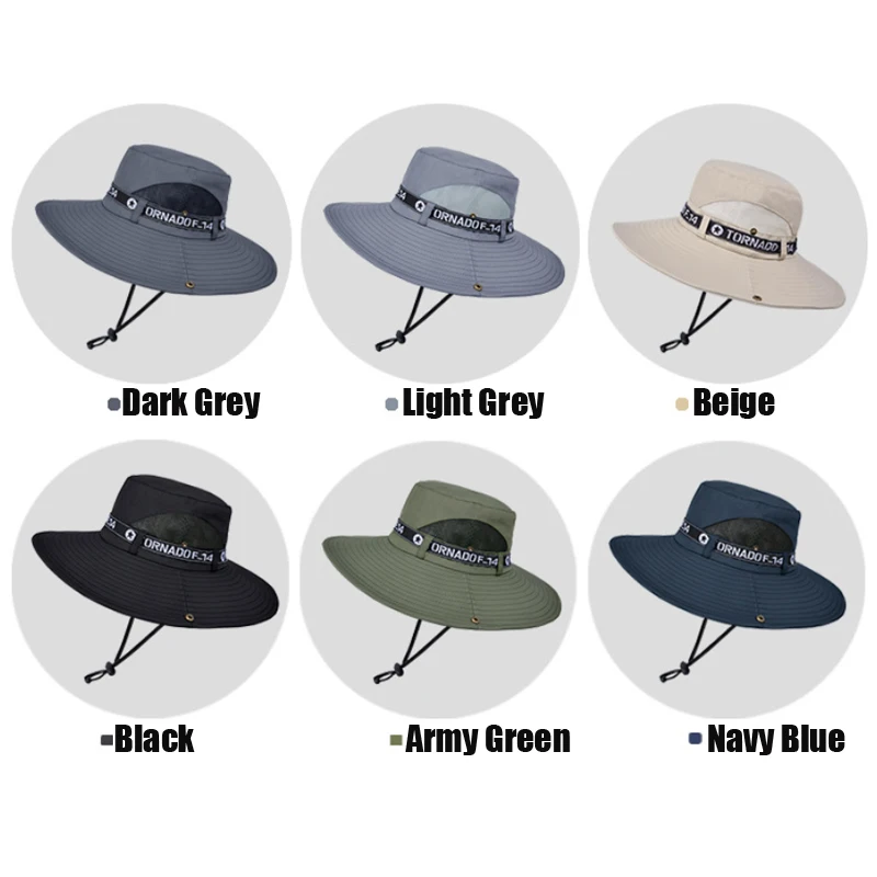 Men Rear Mesh Wide Brim Fishing Hat, UPF50+ Breathable Wind Chin Strap Outdoor Safari Sun Bucket Cap