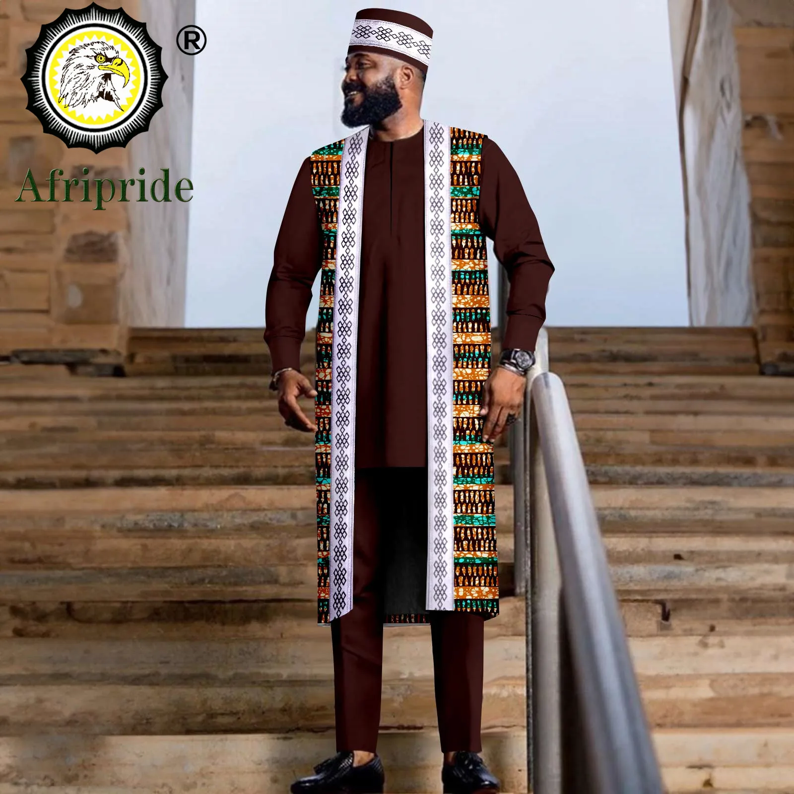 Trajes africanos para hombres, chaqueta bordada, camisas, pantalones y sombrero Tribal, conjunto Dashiki, atuendo tradicional para boda, 2416028