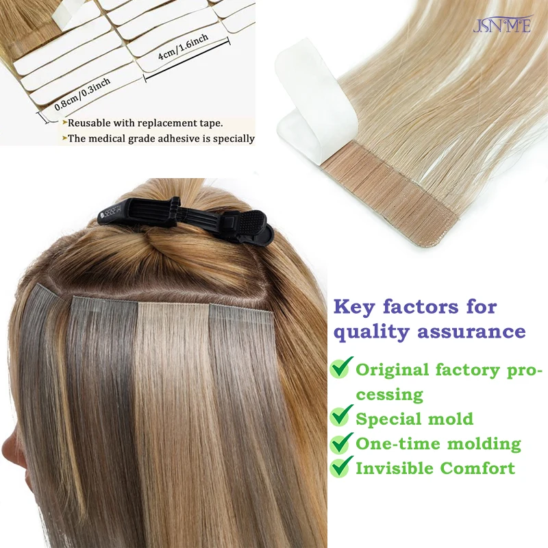 JSNME Tape In Hair Extensions  Invisible 100% Real Human Hair Straight Tape Ins Black Brown Blonde 16-24 inch For Salon