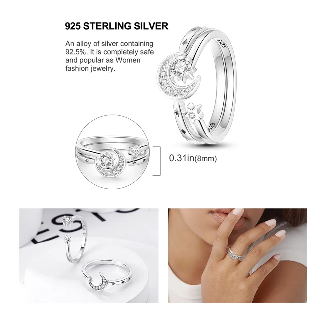 Original 925 Silver Sparkling Zircon Ring Stackable Classic Shine Stone Round Rings For Women Wedding Anniversary Jewelry Gift