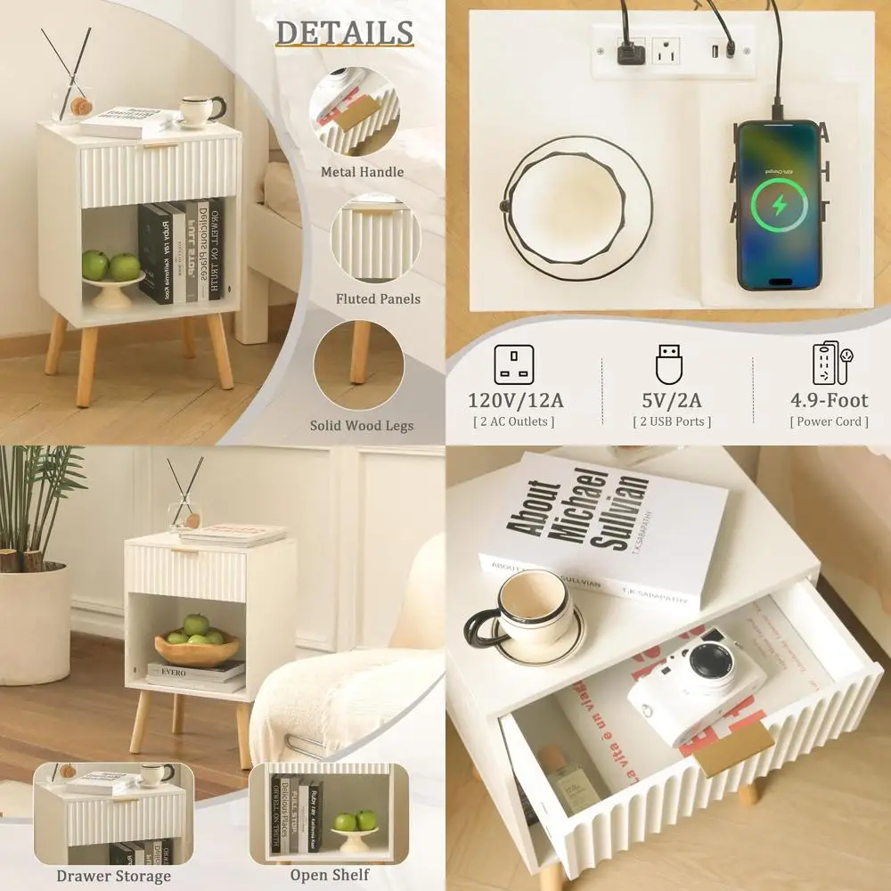 

Modern White Charging Nightstand with Outlets, Century Style Bedside Table, Living Room Side Tables, Wooden Bedroom Stands, Offi