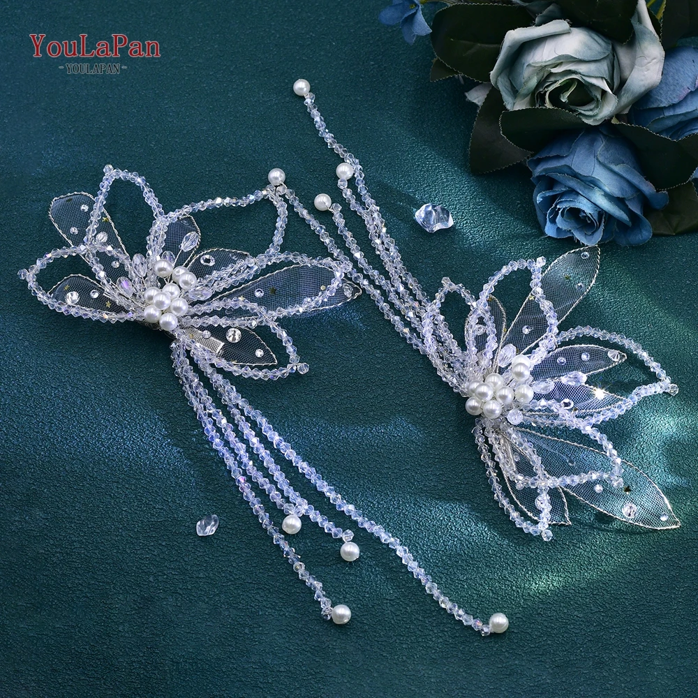 YoulaPan-Handmade Cristal Borboleta Forma Acessórios de Cabelo, Longo Cristal Borlas, Peixe Bico Clip, Noiva Tiara, HP694