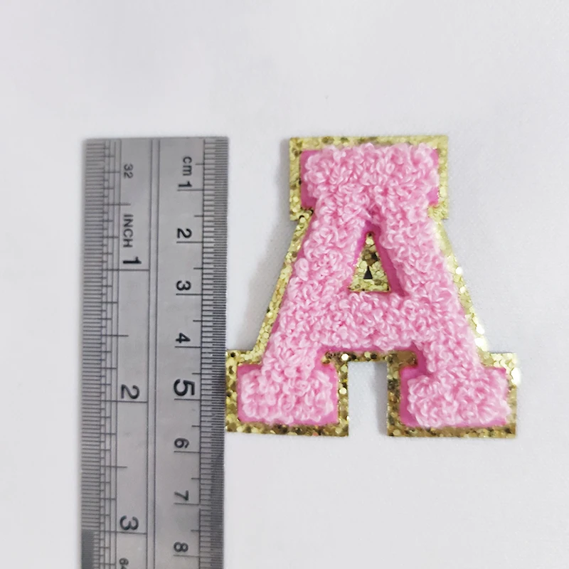 Pink Letters Sticker Patch Alphabet Towel Embroidered Chenille Patches for Clothing Bags Jacket Stick on Accessories Applique