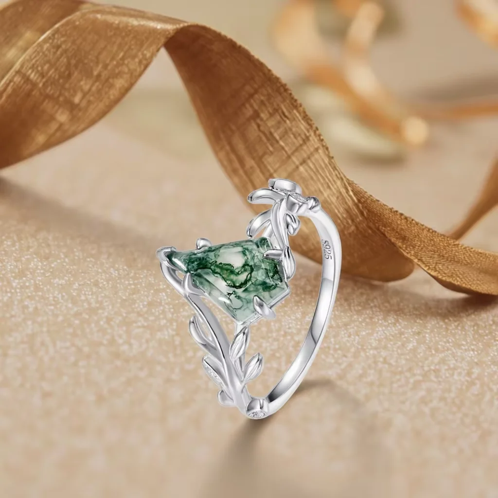 

Kite Cut Moss Agate Ring for Women Sterling Silver Nature Inspired Ring Olive Branch Bypass Ring for Engagement Gift